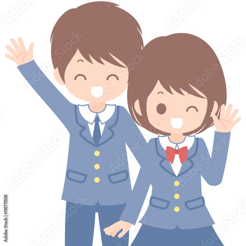 制服姿（ブレザー）の学生　男女ペアイラスト　ベクター