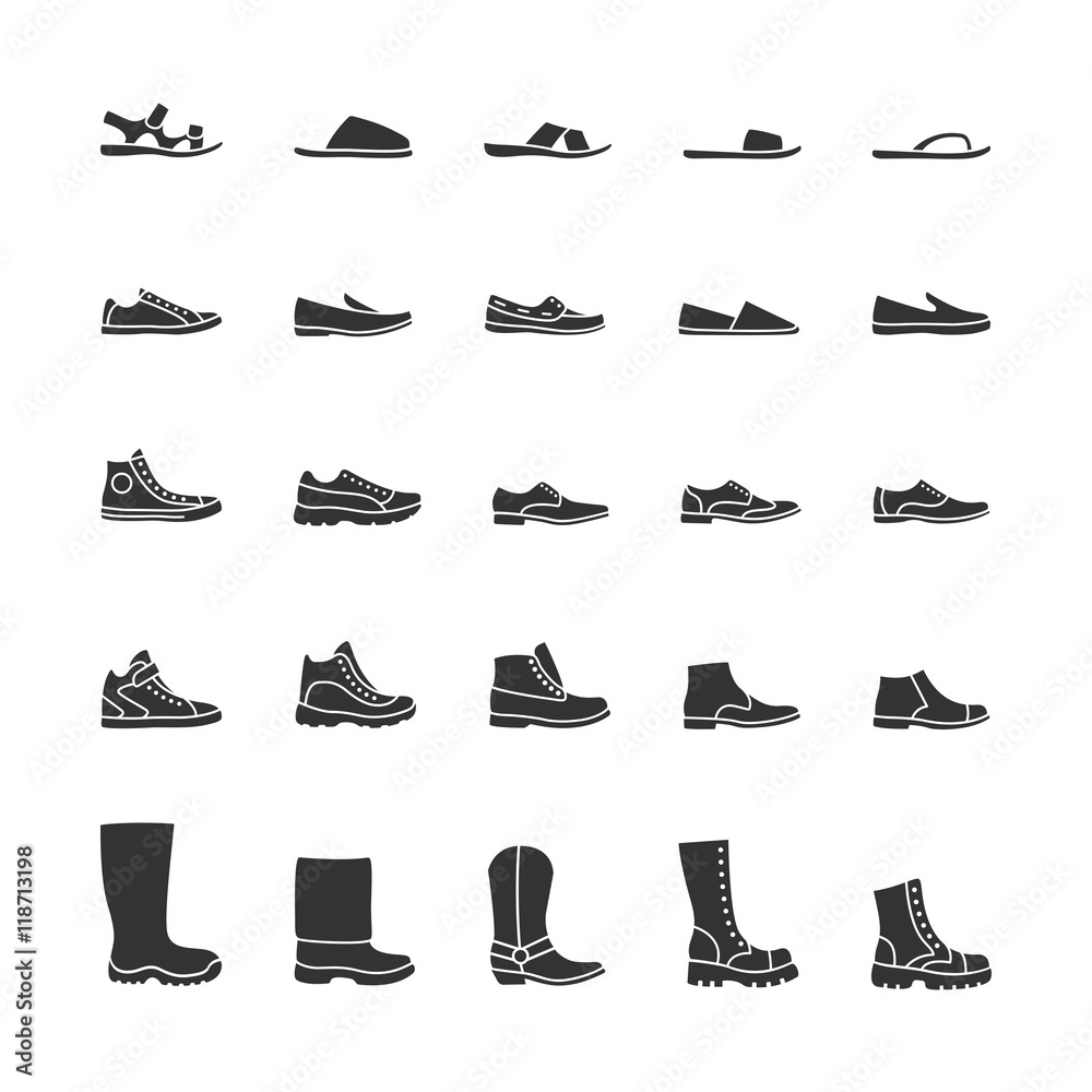 Icons men's shoes. Vector black icons Icons men's shoes. Vector black icons