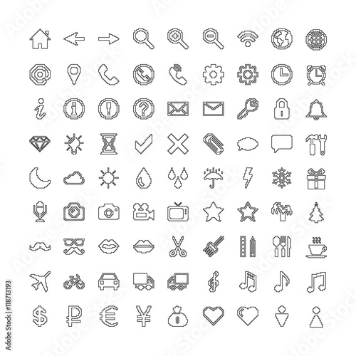 Pixel line icons set: internet, web, weather, transport