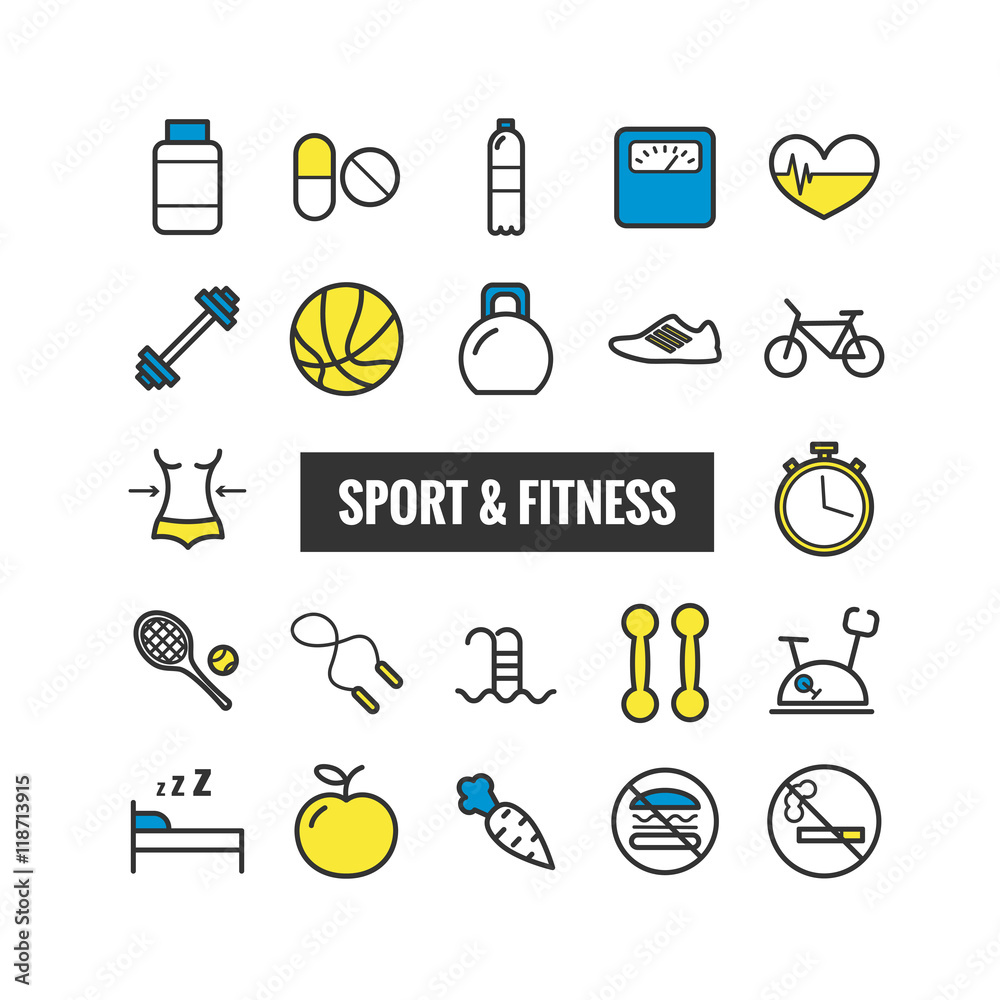 Set of sport and fitness outline icons. Linear icons for web, mobile apps Set of sport and fitness outline icons. Linear icons for web, mobile apps