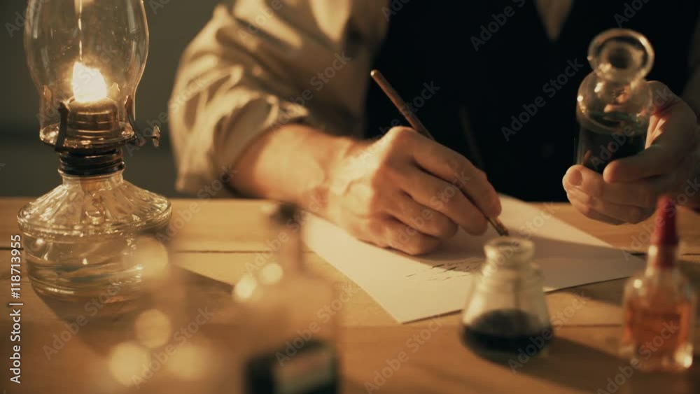 closeup turn of the century scientist or pharmacist taking notes