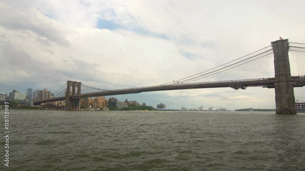 Wide angle shot of the Brooklyn bridge on a cloudy day Wide angle shot of the Brooklyn bridge on a cloudy day