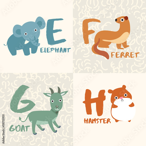 Cute Animal Alphabet Set : Letter E,F,G,H : Vector Illustration