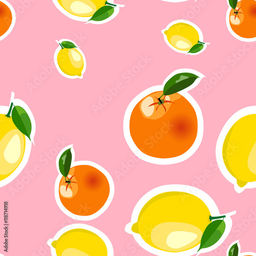 Fototapeta Naklejka Na Ścianę i Meble -  Seamless pattern with lemon, orange stickers. Fruit isolated on a pink background