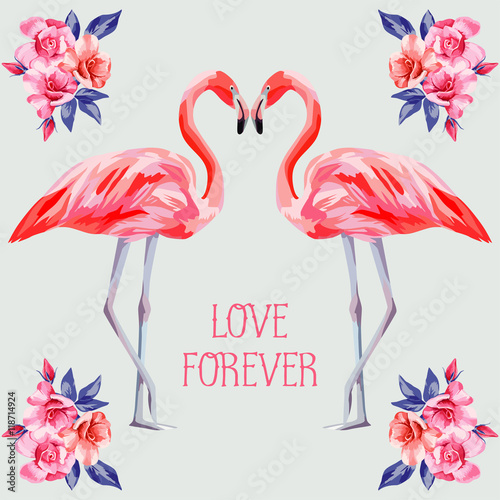slogan love forever rose and pink flamingos