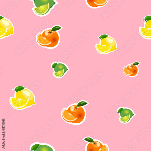 Seamless pattern with small lemon  orange  lime with slices. Fruit isolated on a pink background