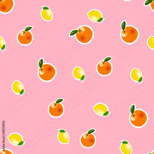 Seamless pattern with small lemon  orange stickers. Fruit isolated on a pink background