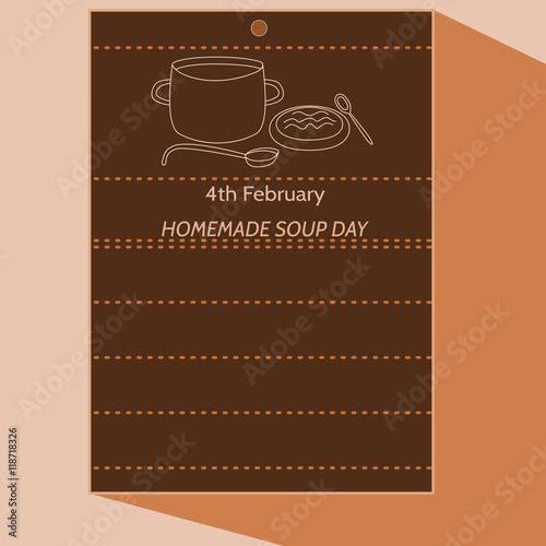 4th February - Homemade Soup Day - simple stylized cartoon drawing of calendar letter with pot, ladle, plate, spoon, soup. In dark brown hue.