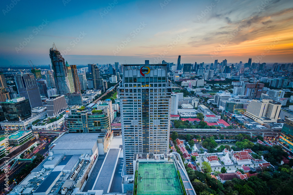 View of the modern Siam District at sunset, in Bangkok, Thailand
