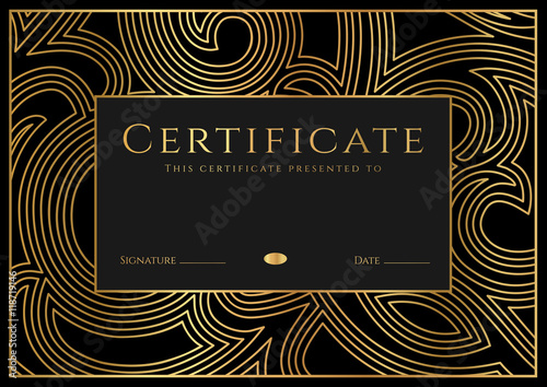 Certificate, Diploma of completion (design template, background) with guilloche pattern (watermark), rosette, border, frame. Black, gold Certificate of Achievement / education, coupon, award, winner
