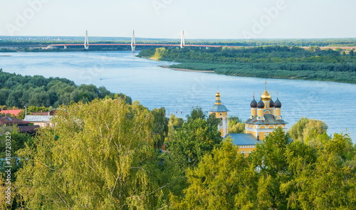 Top view of the Oka River, the bridge and the church of St. Nicholas in the ancient Russian city of Murom