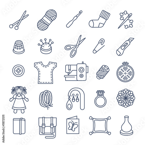 Vector flat thin line icons of handmade hobby activities. Tools for sewing, knitting, embroidery, beadwork. Homemade toys, clothes, jewelry, accessories. Handicraft instruments, stuff made by hands