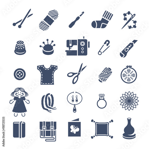 Vector flat icons of women handmade hobby activities. Tools for sewing, knitting, embroidery, beadwork. Homemade toys, clothes, jewelry, accessories. Instruments for handicraft and stuff made by hands