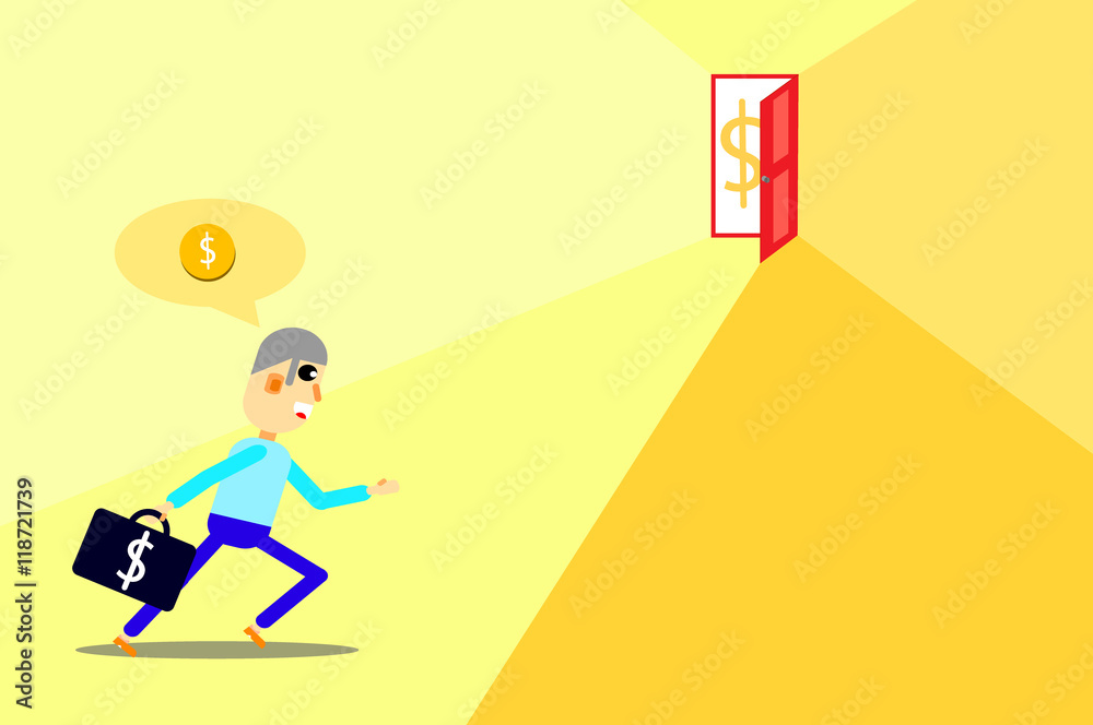 Simple man runing with brifcase to money door, Graphic illustrat