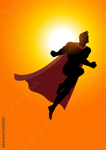 Superhero flying at sunrise