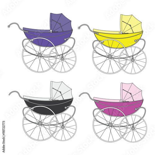 Set color  vintage old authentic vintage stroller with big wheels for little newborn baby.