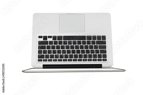 Top view of modern laptop isolated on white background. photo