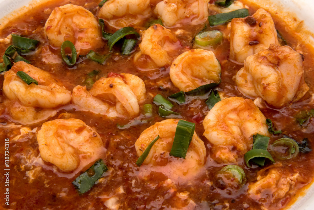 prawns cooked in a sweet chilli sauce also known as Singapore chilli prawns prawns cooked in a sweet chilli sauce also known as Singapore chilli prawns