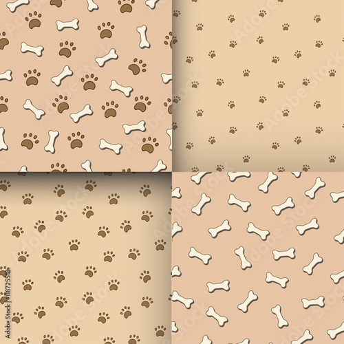 Set of seamless patterns with paws and bones.