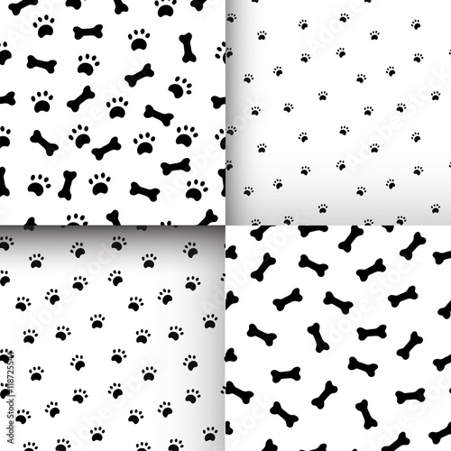 Set of seamless patterns with paws and bones.