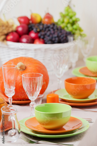 Thanksgiving Day. Festive lunch with traditional table decoratio