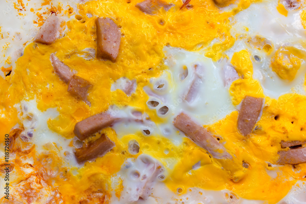 background, yellow scrambled eggs with pieces of sausage, top vi background, yellow scrambled eggs with pieces of sausage, top vi