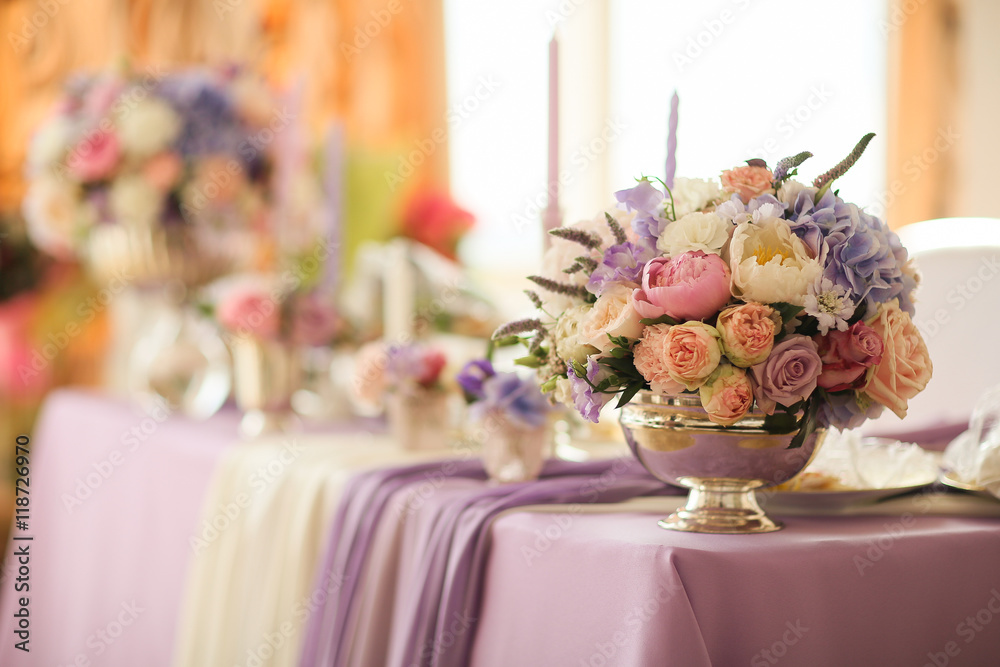 flower arrangement in silver bowl with pink peonies and hydrangea