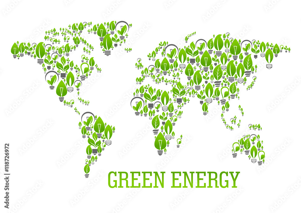 Fototapeta premium Green world map symbol with light bulbs