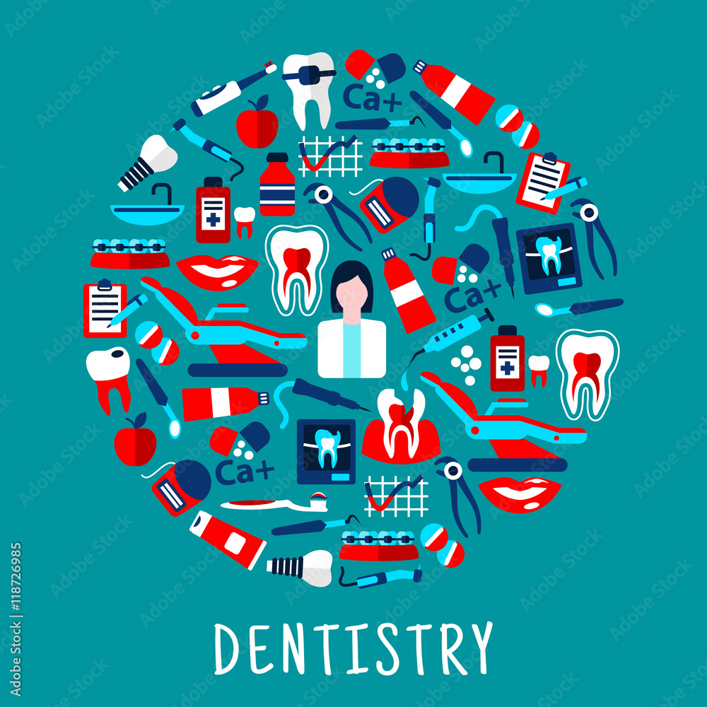 Dentist with dentistry icons round symbol Dentist with dentistry icons round symbol
