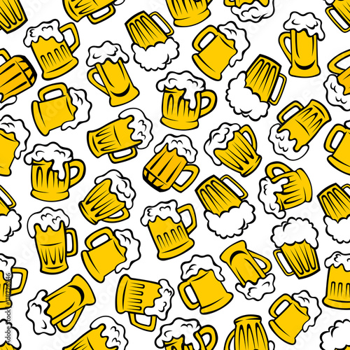 Mugs of beer, lager, ale drinks seamless pattern
