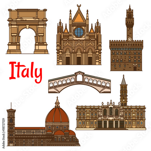 Symbolic travel landmarks of Italy thin line icon