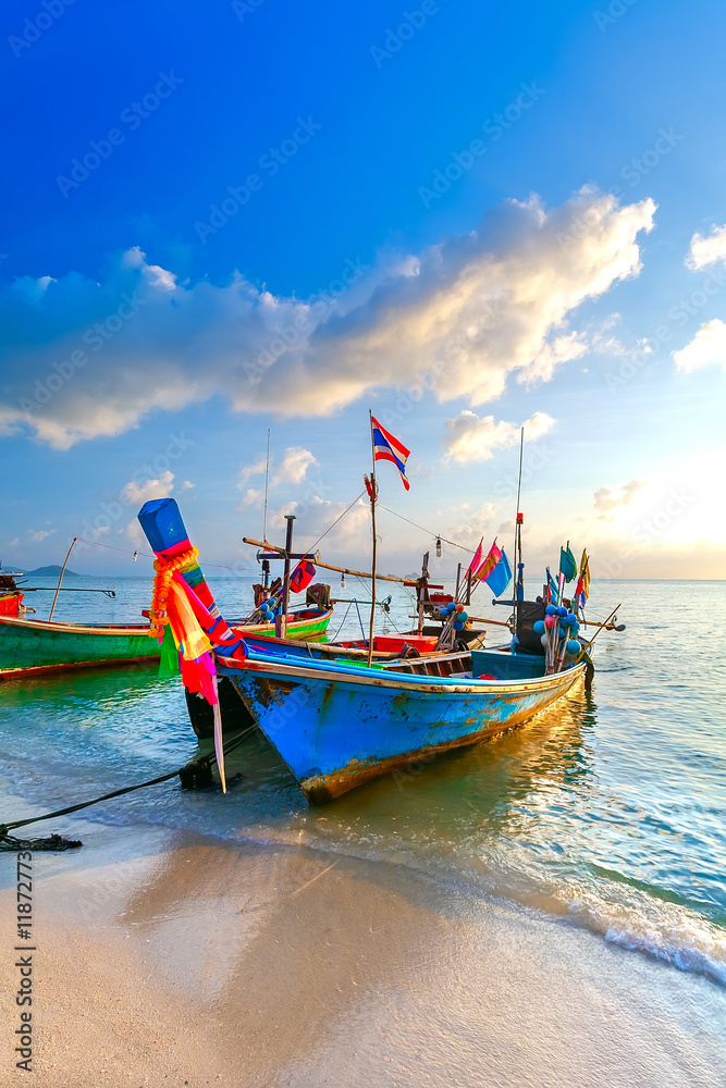 The Thai traditional fishing vessel is decorated with colourful The Thai traditional fishing vessel is decorated with colourful