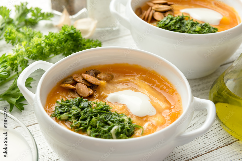 Pumpkin soup with pesto and roasted seeds Pumpkin soup with pesto and roasted seeds