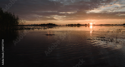 summer sunset on the lake after rain