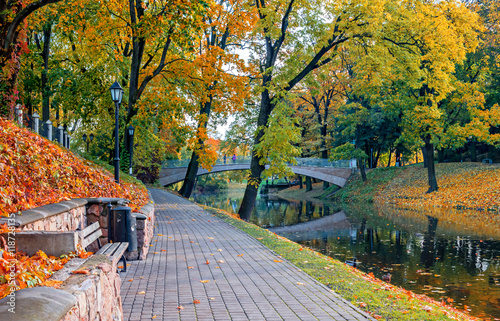 Autumn in central park in Riga that is the capital city of Latvia and widely ...