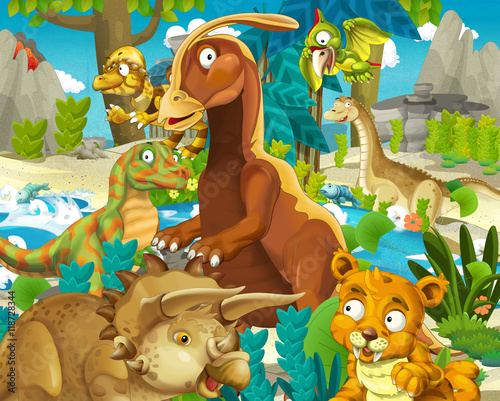 Cartoon scene - dinosaur wtih other ancient animals - illustration for children