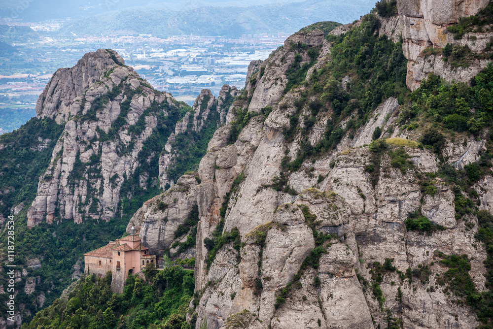 Holy Cave of Montserrat near Santa Maria de Montserrat Abbey in Montserrat mountains, Spain