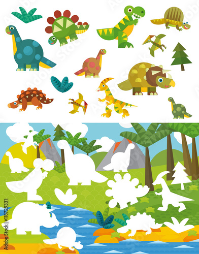 Cartoon dinosaur exercise page - matching game - illustration for children