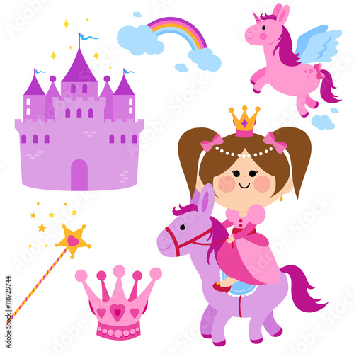 Pretty princess riding a horse. Fairy tale set with a castle, unicorn, rainbow, crown and magic wand. Vector illustration