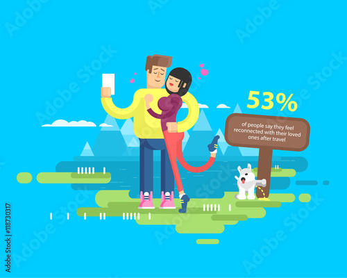 illustration of happy married couple on vacation, man and woman make selfie