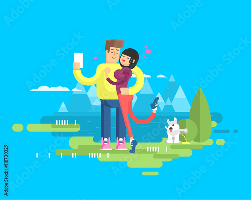 illustration of happy married couple on vacation, man and woman make selfie