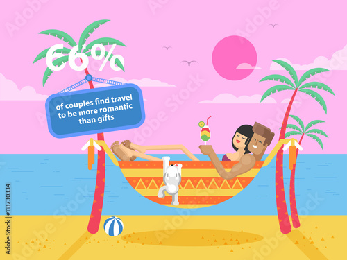 illustration of happy tanned couple with a dog on vacation, man and woman rests in hammock