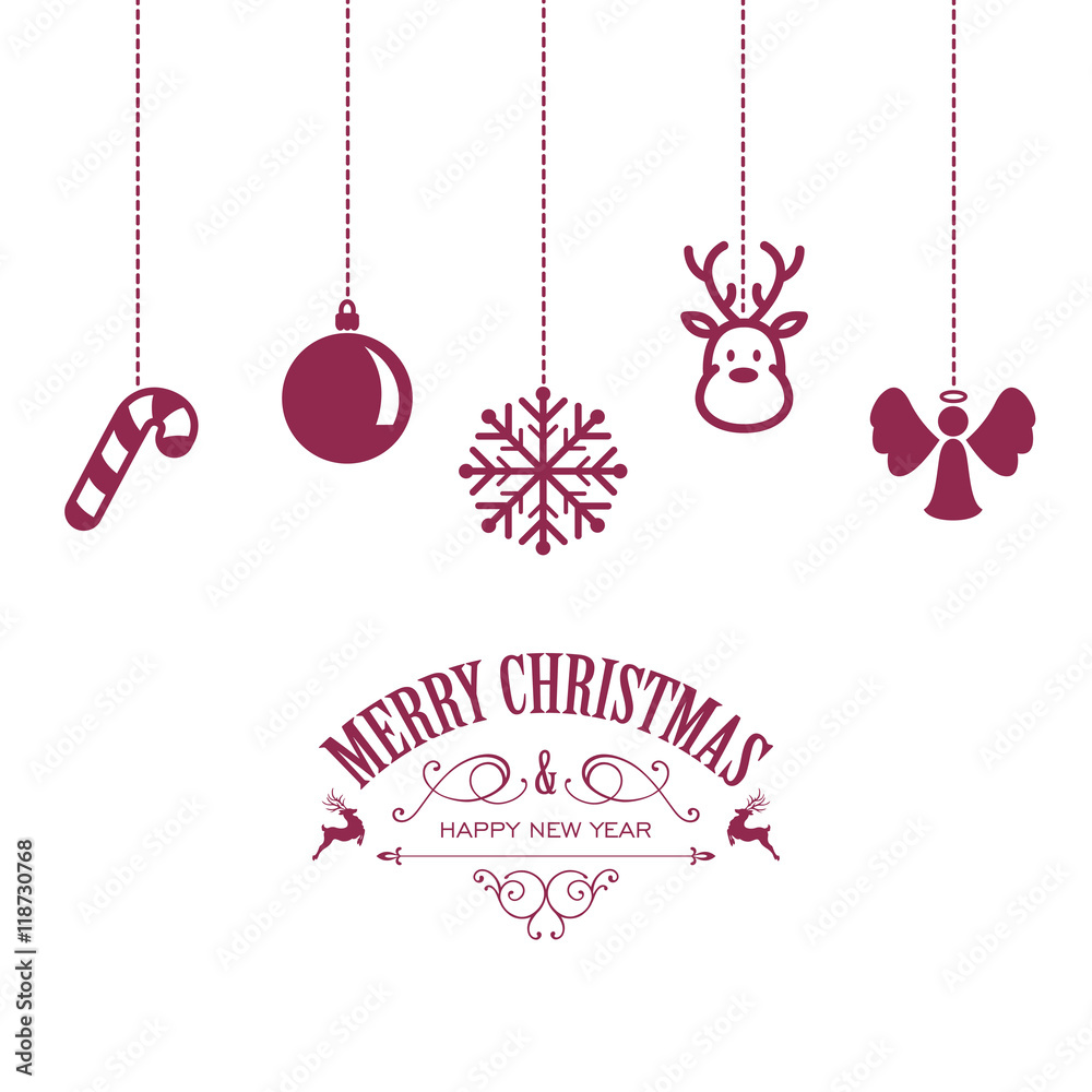 Naklejka premium Vector Illustration of a Christmas Card with Various Hanging Christmas Ornaments
