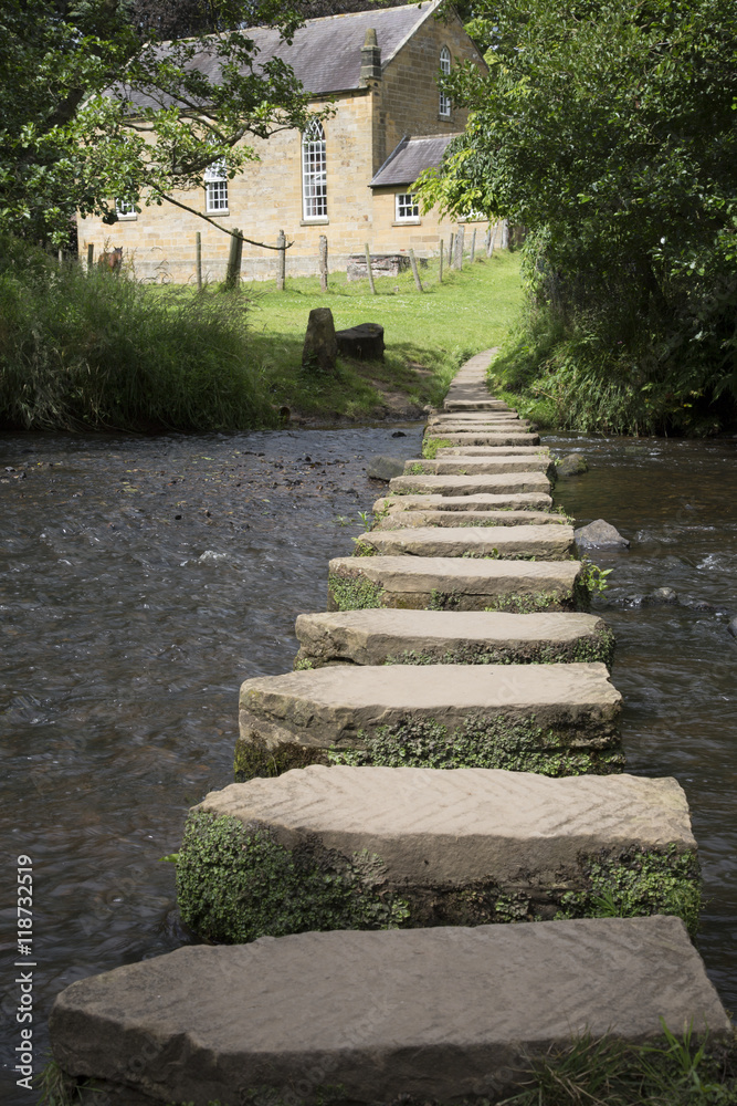 Stepping Stones and Church, Lealholm, North York Moors, Yorkshir Stepping Stones and Church, Lealholm, North York Moors, Yorkshir