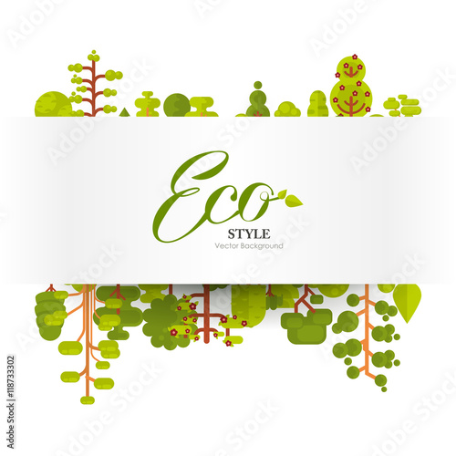illustration of banner or strip  paper with lettering, green trees and bushes on a white background in  flat style