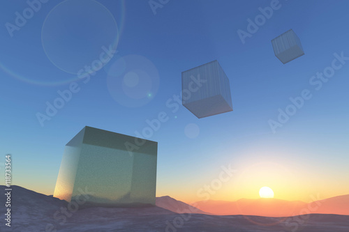 Cubes flying into sunset