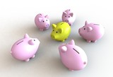 Large group of pink piggy banks with one yellow leader