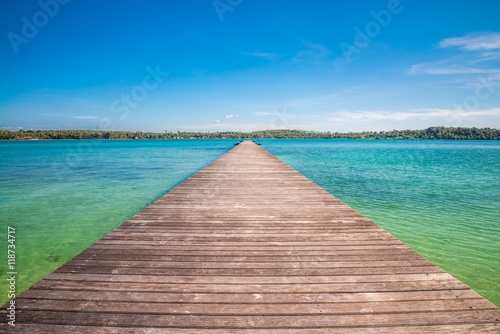Long wood bridge on beautiful tropical island beach summer holiday - Travel summer vacation concept © pla2na
