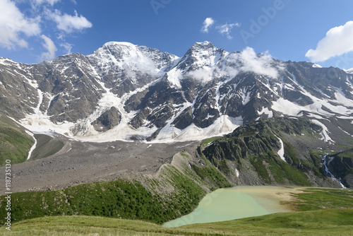 Lake, high mountains and glaciers. Caucasian highlands