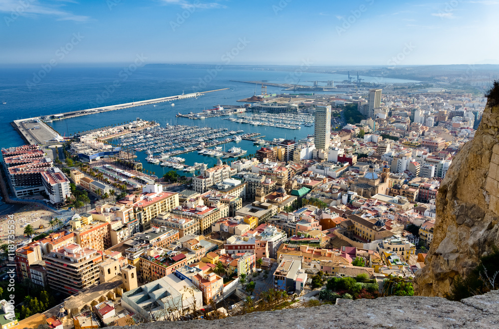View on Alicante old city and port from castle Santa Barbara, Spain